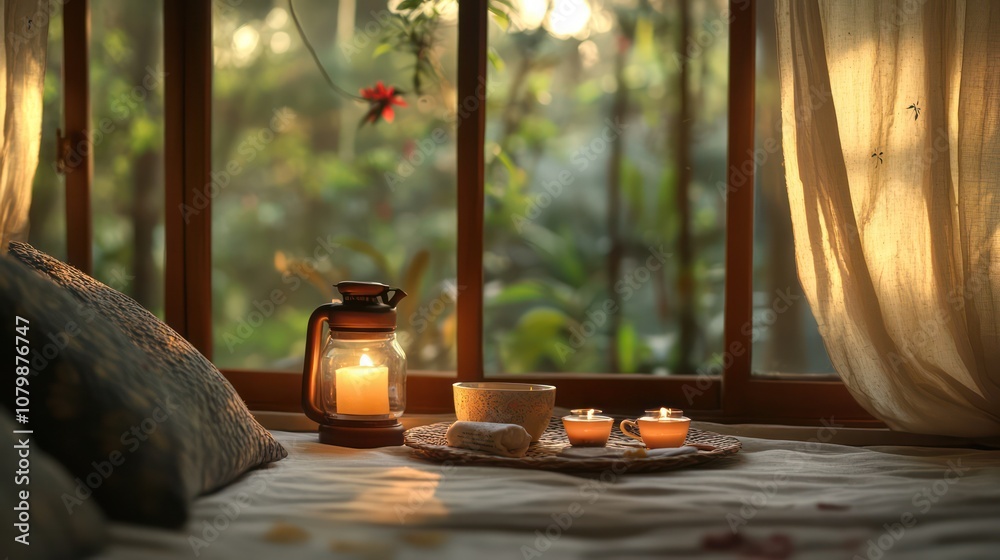 Evening routine in India, calming setup to unwind after a busy day, peaceful and organized.