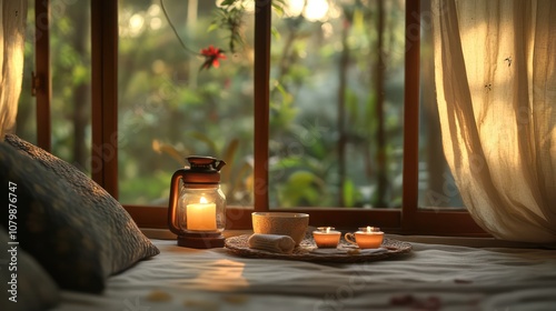 Evening routine in India, calming setup to unwind after a busy day, peaceful and organized. photo