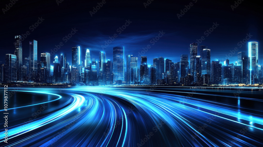 Fototapeta premium vibrant city skyline illuminated by blue lights reflects modern, technological atmosphere. dynamic light trails suggest movement and energy, creating captivating urban scene