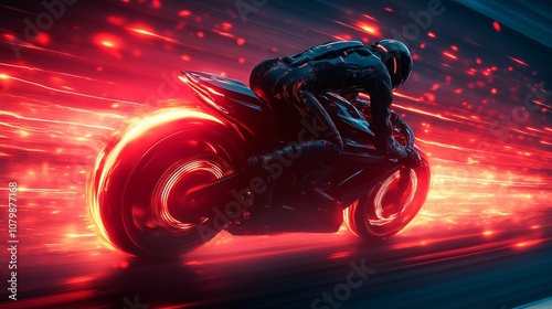 A man in a sleek black and red glowing suit riding a red and black Motorcycle, leaving a bright red glowing trail.