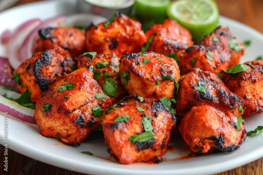 Delicious chicken tikka masala pieces garnished with fresh cilantro, served with lime wedges and onions, showcasing vibrant colors and appetizing textures Delicious chicken tikka masala pieces garnished with fresh cilantro, served with lime wedges and onions, showcasing vibrant colors and appetizing textures