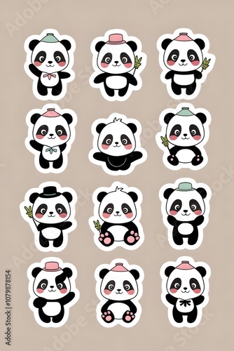 Cute Adorable Cartoon Panda Stickers with Different Outfits, Hats, and Expressions for Kids and Baby Room Decor