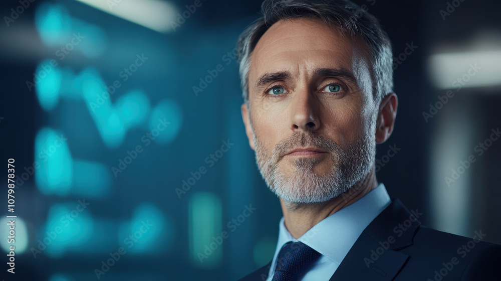 Confident business leader in modern office with data graphics in the background Confident business leader in modern office with data graphics in the background