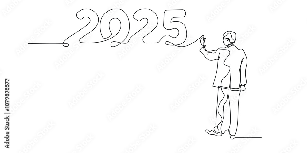 continuous line drawing of people standing writing on the wall the number 2025.one line drawn 2025 new year anniversary sign.single line vector illustration.isolated white background continuous line drawing of people standing writing on the wall the number 2025.one line drawn 2025 new year anniversary sign.single line vector illustration.isolated white background