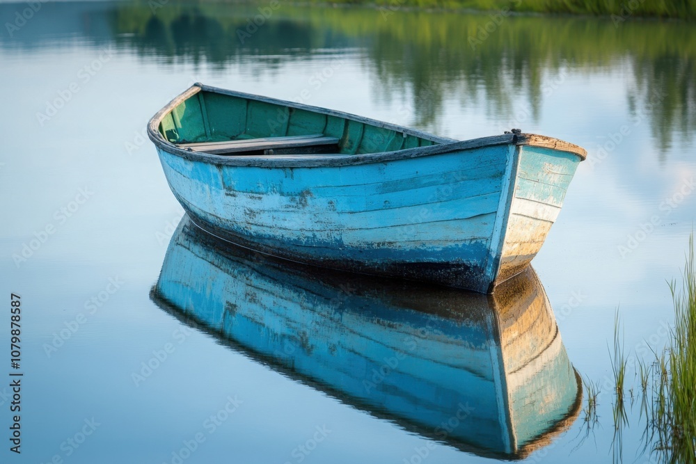 Obraz premium A small blue wooden boat sits still on a calm lake.