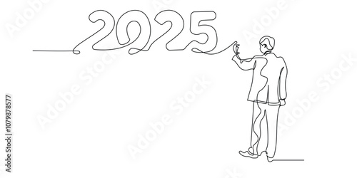 continuous line drawing of people standing writing on the wall the number 2025.one line drawn 2025 new year anniversary sign.single line vector illustration.isolated white background