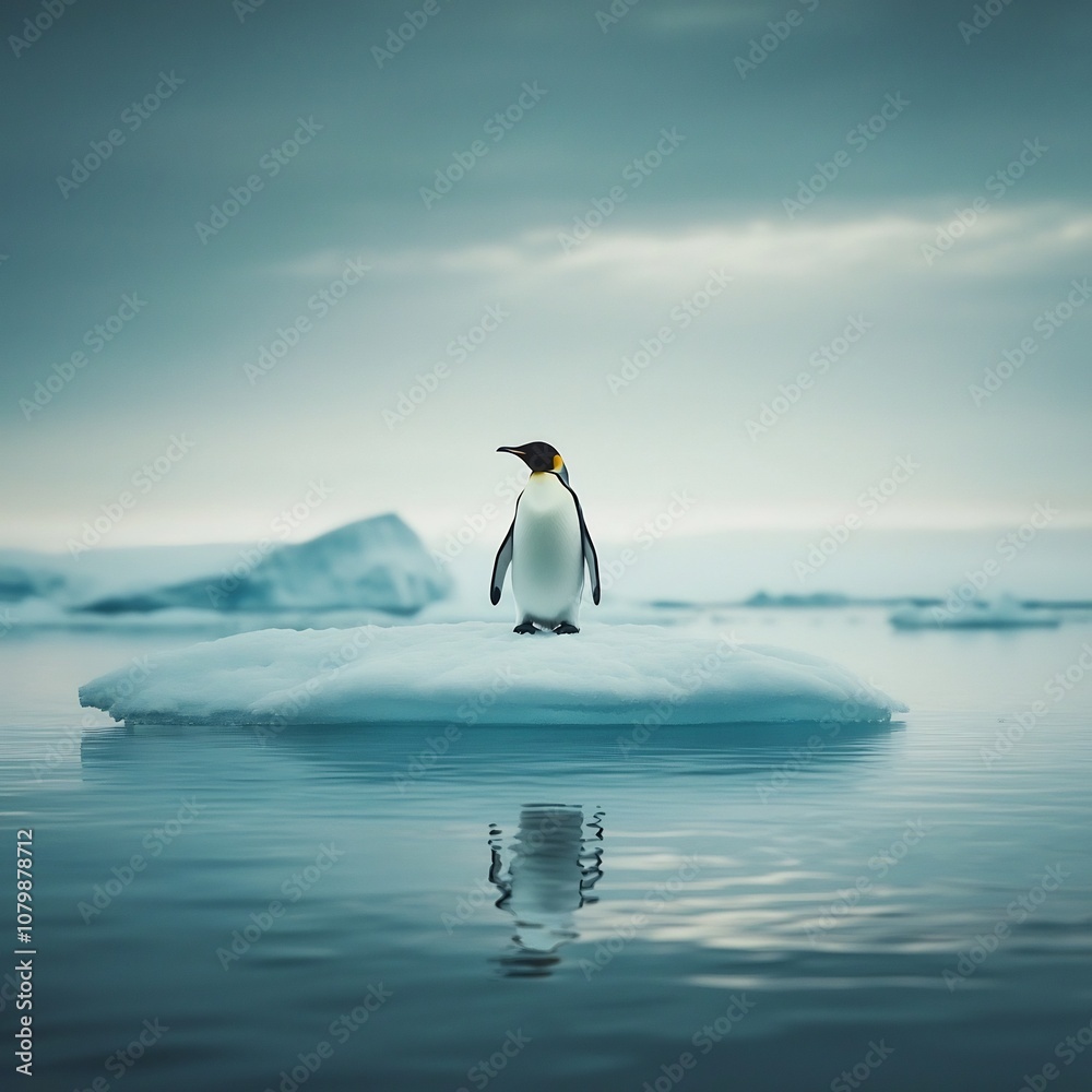Obraz premium Lone Penguin on Shrinking Ice Floe Symbolizing Global Warming Threat to Wildlife