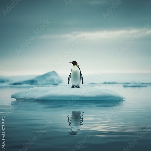 Lone Penguin on Shrinking Ice Floe Symbolizing Global Warming Threat to Wildlife