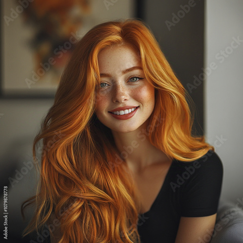 A 25-year-old Caucasian woman with long, wavy red hair smiling at the camera, woman, long and gold hair color, smile face