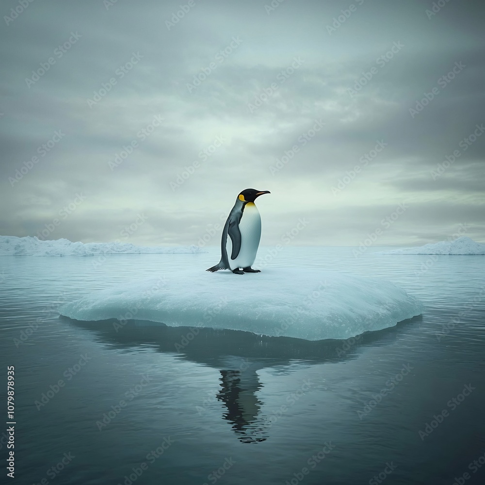 Fototapeta premium Lone Penguin on Shrinking Ice Floe Symbolizing Threat of Global Warming to Wildlife