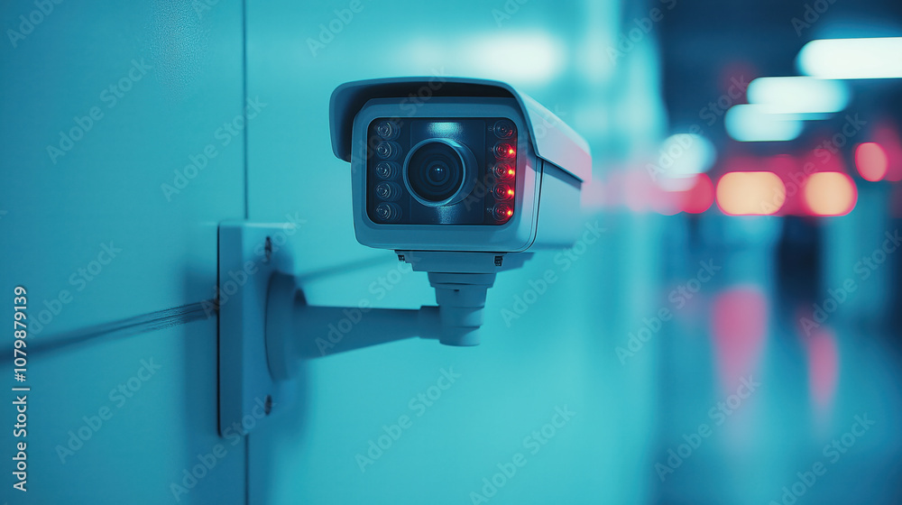 Surveillance camera in a futuristic hallway with blue lighting and red LED indicators Surveillance camera in a futuristic hallway with blue lighting and red LED indicators
