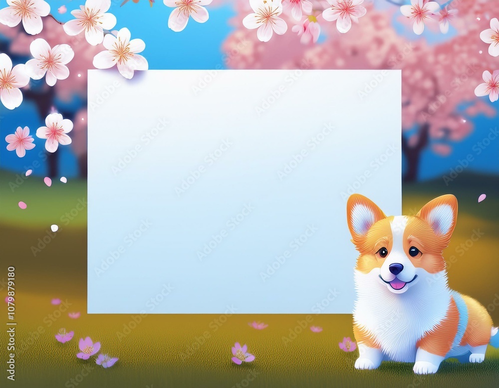 コーギーと桜 フレーム イラスト コーギーと桜 フレーム イラスト