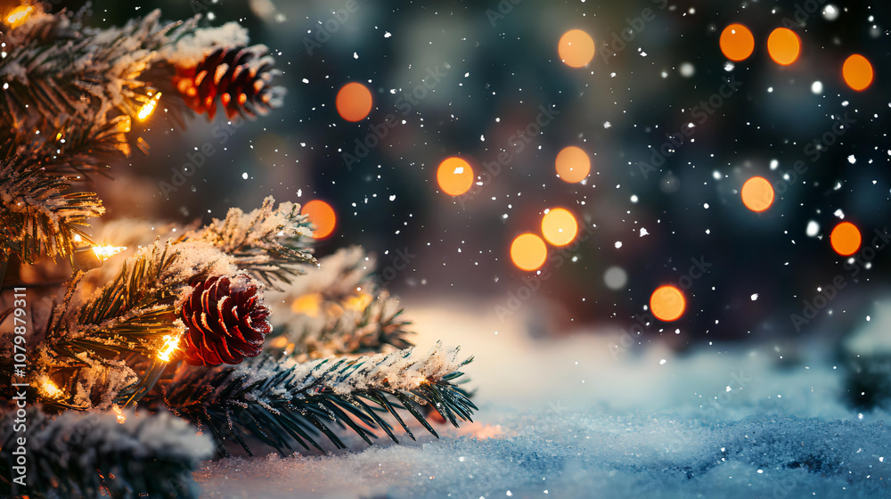 Snow-Covered Christmas Tree Branch with Warm Lights and Bokeh Background Snow-Covered Christmas Tree Branch with Warm Lights and Bokeh Background