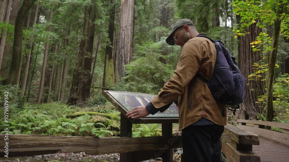 Hiker stops at an information sign in the Redwoods in California. Hiker stops at an information sign in the Redwoods in California.