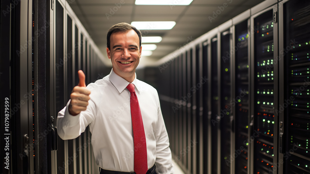 Fototapeta premium Professional in data center smiling with thumbs up gesture reflecting success and technology