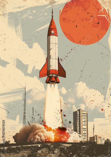 Retro rocket launch with red accents and large orange planet, vintage sci-fi illustration featuring urban backdrop and bold design elements
