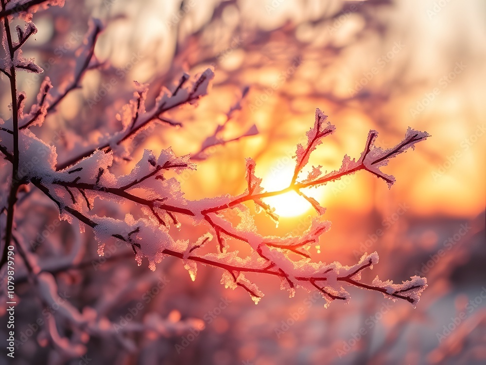 Tranquil Winter Sunrise Through Snow-Covered Branches Tranquil Winter Sunrise Through Snow-Covered Branches