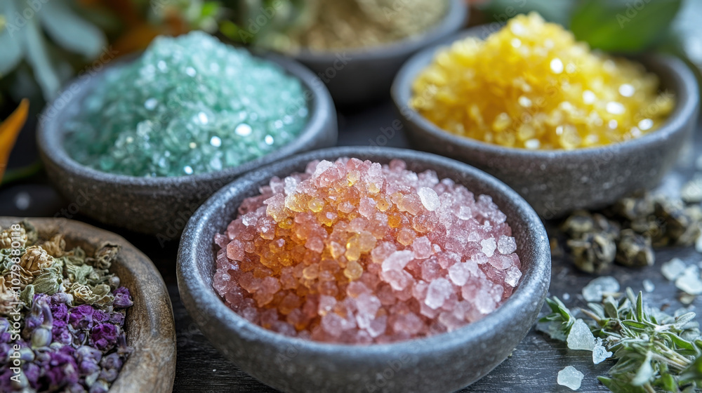 Colorful crystals of salt and spices are beautifully arranged in bowls, showcasing vibrant array of textures and hues. This evokes sense of culinary creativity and natural beauty Colorful crystals of salt and spices are beautifully arranged in bowls, showcasing vibrant array of textures and hues. This evokes sense of culinary creativity and natural beauty