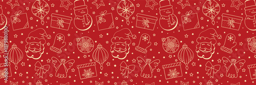 Seamless pattern for Merry Christmas on a red background,  xmas pattern with ornaments. Christmas wrapping paper concept, gifting design 