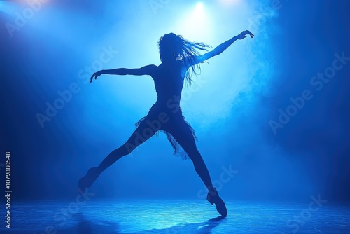 A dancer's silhouette leaps gracefully against a blue-lit background, capturing movement and emotion.