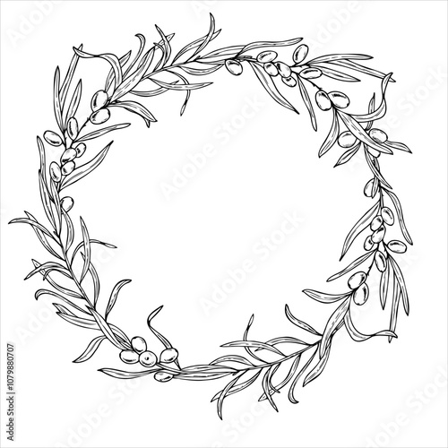 Sea buckthorn wreath hand drawn vector isolated illustration painted by black inks. Juicy autumn berries on branch with leaves round frame. Empty space for text. For birthday cards, poster, prints