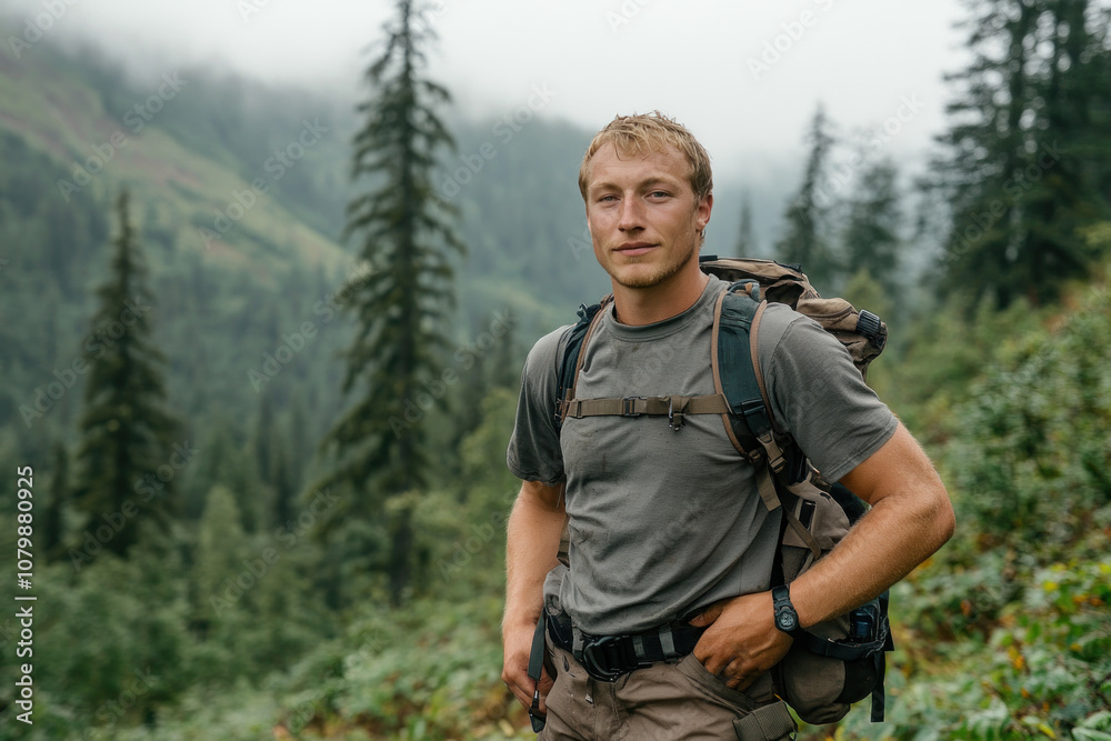 Caucasian male ranger patrolling at foggy dense forest for conservation Caucasian male ranger patrolling at foggy dense forest for conservation