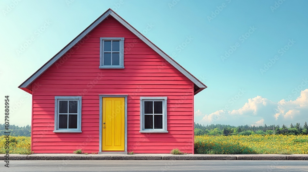 A vibrant red house with a yellow door against a clear sky. A vibrant red house with a yellow door against a clear sky.