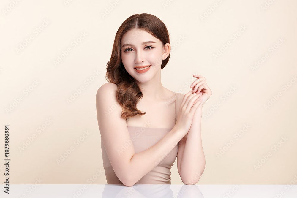 Beautiful young asian woman with clean fresh skin on beige background, Face care, Facial treatment, Cosmetology, beauty and spa, Asian women portrait. Beautiful young asian woman with clean fresh skin on beige background, Face care, Facial treatment, Cosmetology, beauty and spa, Asian women portrait.