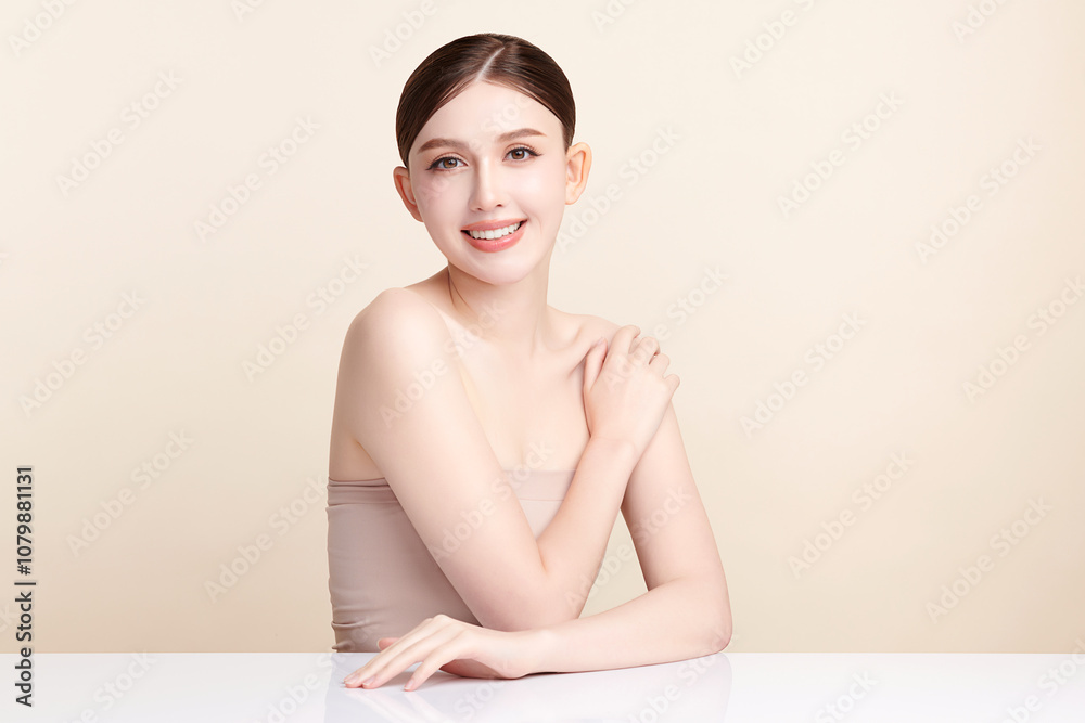 Beautiful young asian woman with clean fresh skin on beige background, Face care, Facial treatment, Cosmetology, beauty and spa, Asian women portrait. Beautiful young asian woman with clean fresh skin on beige background, Face care, Facial treatment, Cosmetology, beauty and spa, Asian women portrait.