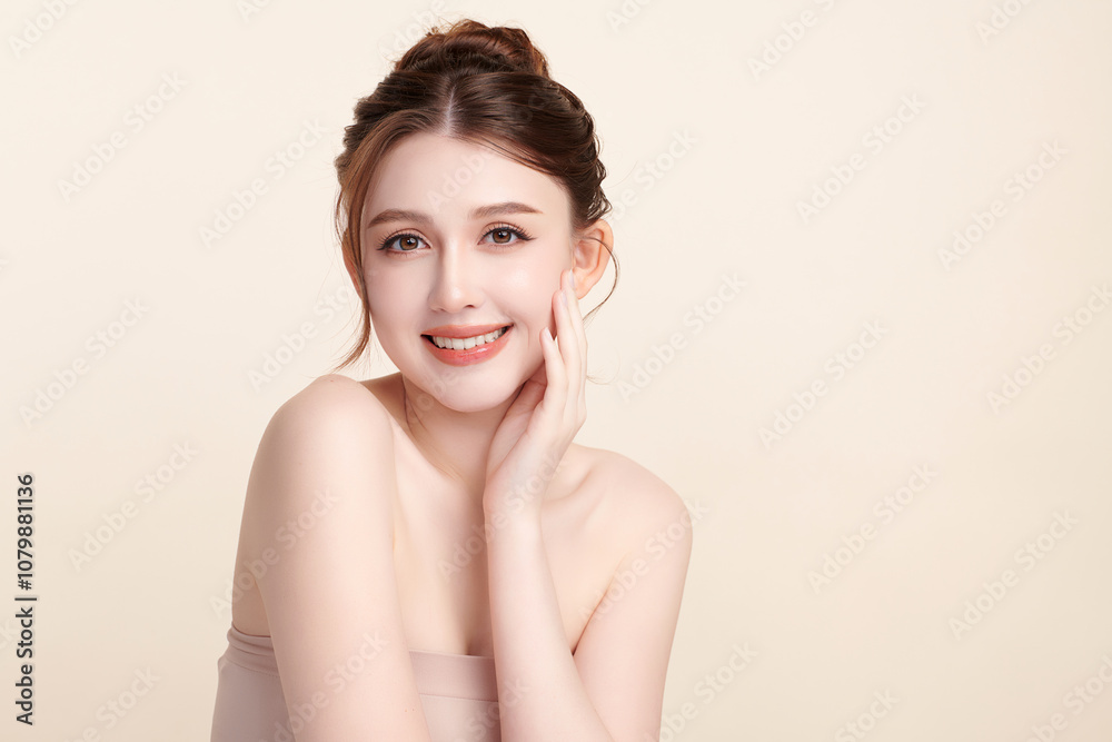 Beautiful young asian woman with clean fresh skin on beige background, Face care, Facial treatment, Cosmetology, beauty and spa, Asian women portrait. Beautiful young asian woman with clean fresh skin on beige background, Face care, Facial treatment, Cosmetology, beauty and spa, Asian women portrait.