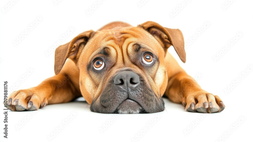 Bullmastiff laying down, calm eyes on white background Bullmastiff laying down, calm eyes on white background