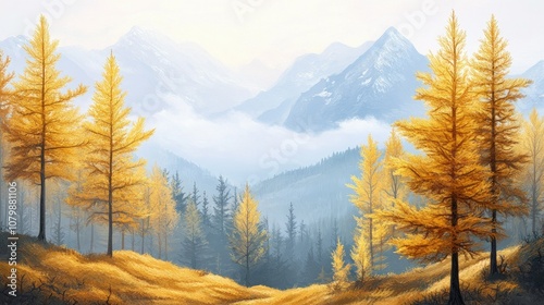 Autumn landscape with golden larch trees on rolling hills, misty mountains in the background, capturing seasonal beauty