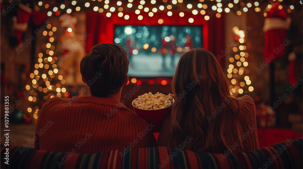 Family enjoying a Christmas movie night with popcorn and holiday decor Family enjoying a Christmas movie night with popcorn and holiday decor