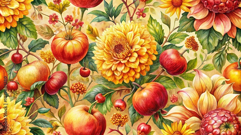 Fototapeta premium A vibrant watercolor illustration showcasing a harmonious blend of blooming flowers and succulent fruits, celebrating the rich hues of autumn.