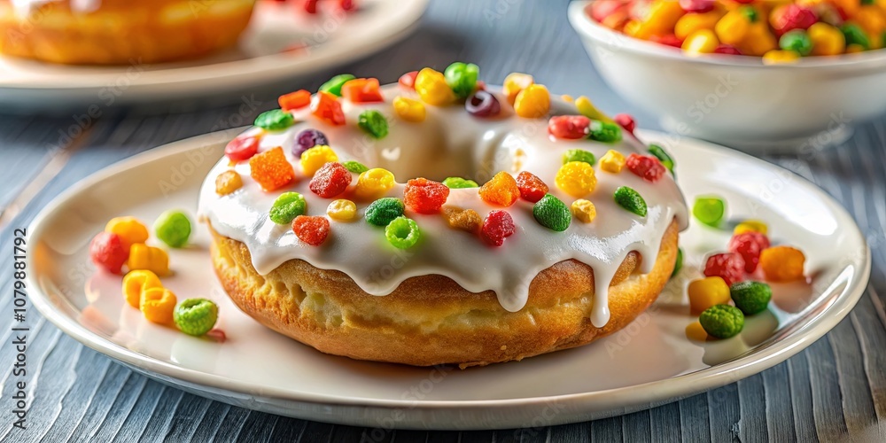 A single glazed donut topped with colorful sprinkles sits on a white plate beside a bowl of similar sprinkles, with a wooden surface visible beneath A single glazed donut topped with colorful sprinkles sits on a white plate beside a bowl of similar sprinkles, with a wooden surface visible beneath