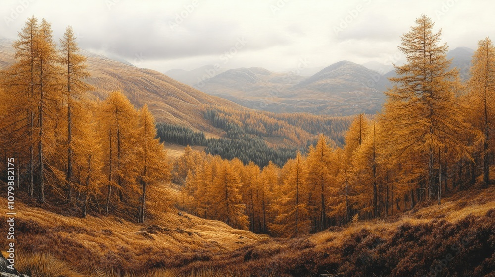 Golden larch trees on rolling hills in autumn, with soft, misty mountains in the distance, creating a serene landscape Golden larch trees on rolling hills in autumn, with soft, misty mountains in the distance, creating a serene landscape