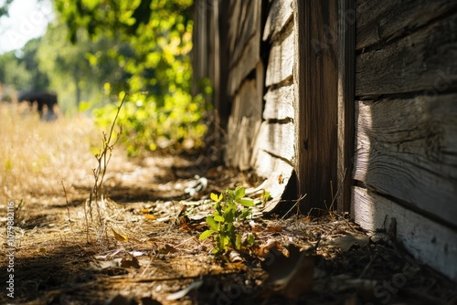 A small plant growing at the base of a weathered wooden wall. photo