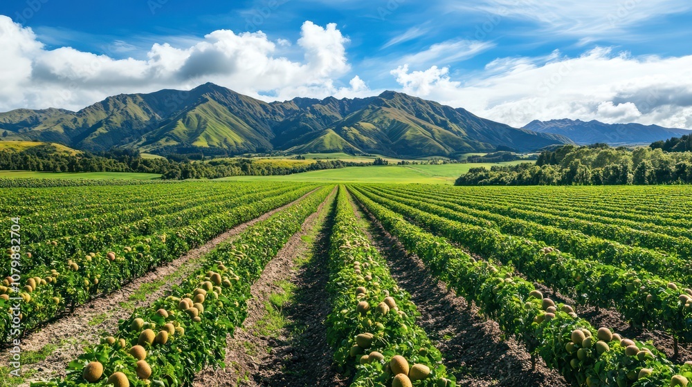 Kiwi fruit orchard in New Zealand, organized rows with ripe kiwi fruits, vibrant and lush setup.
