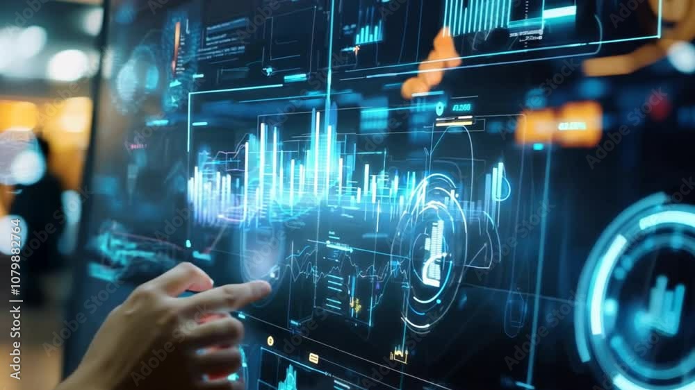 Holographic marketing icons in B2B: Business professionals leveraging digital interfaces for sales and marketing automation