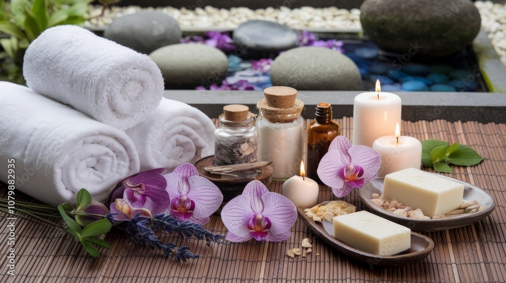 Serene spa arrangement with candles, towels, and flowers Serene spa arrangement with candles, towels, and flowers