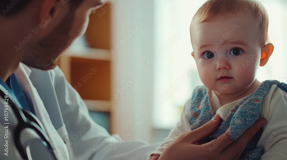 Pediatrician reassuring the baby with a soft voice before the injection. Pediatrician reassuring the baby with a soft voice before the injection.