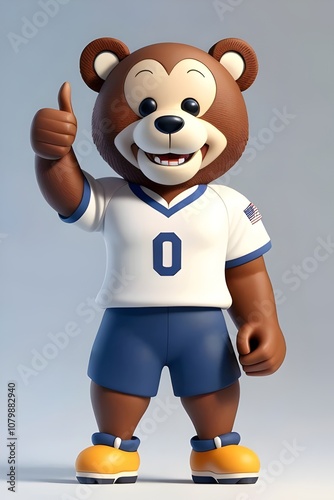 3d isolated cartoon teddy bear illustration sport team mascot with a goofy grin. full body, wearing a blank jersey.  giving a thumbs up hand gesture, figurine, toy, animal, costume, playful, adorable,