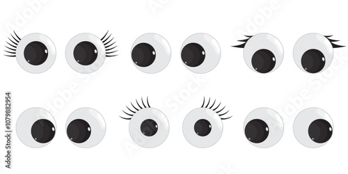 A set of plastic toy eyes. Glossy, bulging, puppet eyes. Cute, round, vector, isolated elements. Look down, up, left, right. Different, shaking, silly, hilarious pairs of eyeballs.