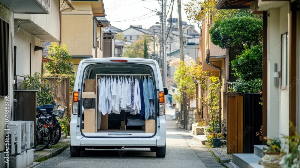 Laundry delivery service in Japan, van delivering clean laundry to clients homes, efficient and organized. Laundry delivery service in Japan, van delivering clean laundry to clients homes, efficient and organized.