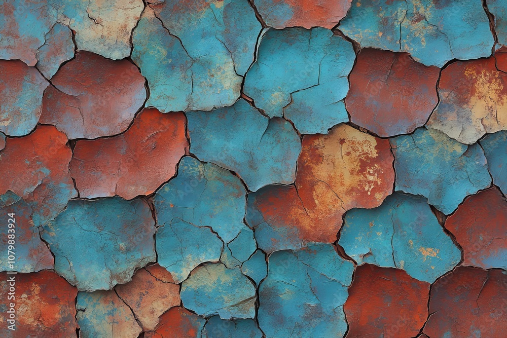 Cracked and Weathered Painted Surface with Vibrant Turquoise and Rust Colors