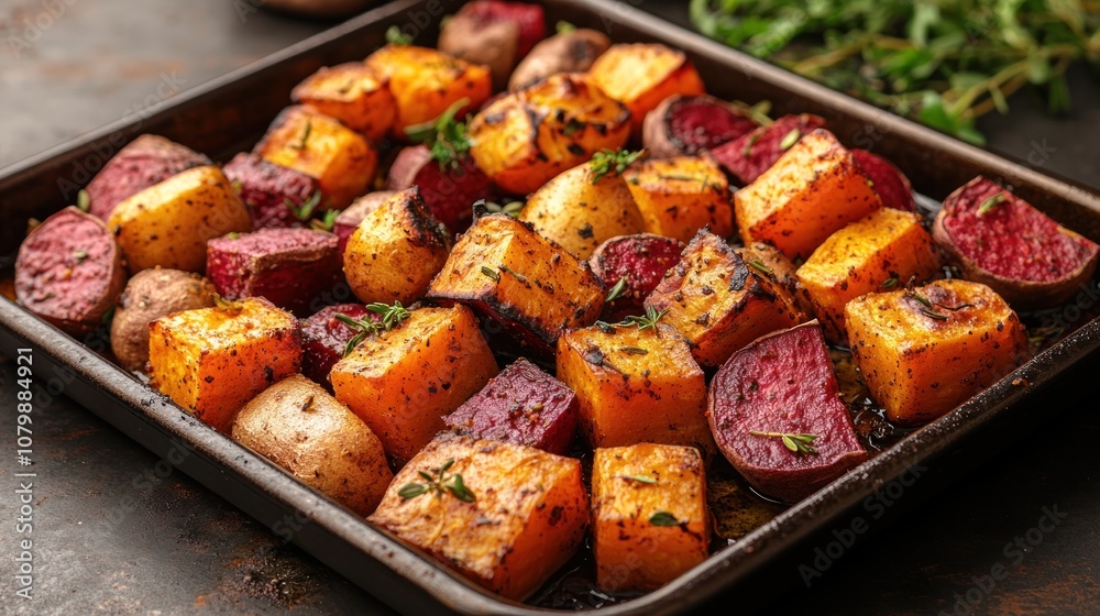 Roasted vegetables on a baking tray, seasoned and ready to serve. Roasted vegetables on a baking tray, seasoned and ready to serve.