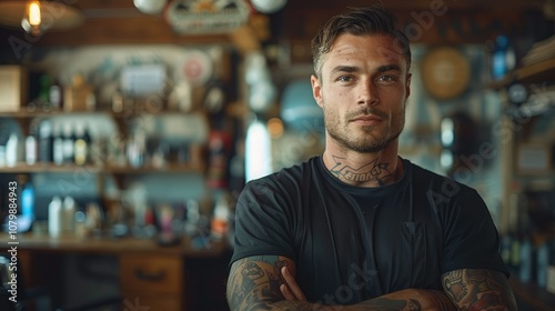 Confident young man with tattoos standing in a barbershop.