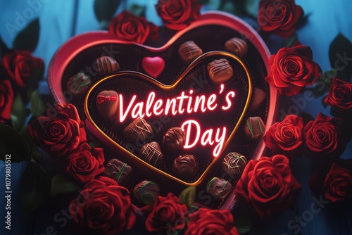A heart-shaped box of chocolates surrounded by red roses, with the text "Valentine's Day"