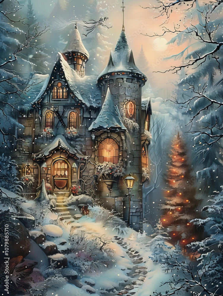 Obraz premium A Cozy Winter House with Christmas Lights