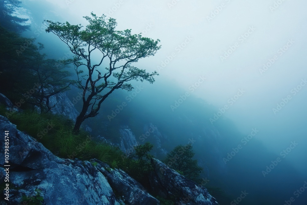 Fototapeta premium A solitary tree stands on a rocky mountainside shrouded in mist.